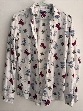 Aqua White Button-Up Shirt with Red, Blue & Olive Coffee Print